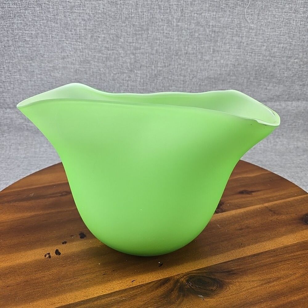 Pottery Barn Frosted Green glass fan vase 7.5” large Abstract Modern